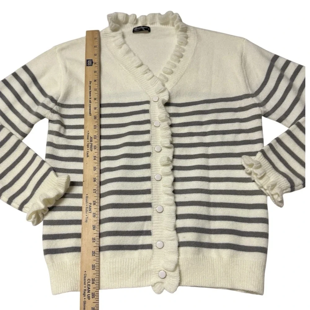 Pretty Garden Cardigan Sweater‎ Women M Stripes Nautical Buttons Soft Ruffle - Picture 5 of 9